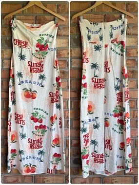 NWT Paper Heart Strapless Linen Blend Maxi Dress Tropical Fruit Palm Tree Print